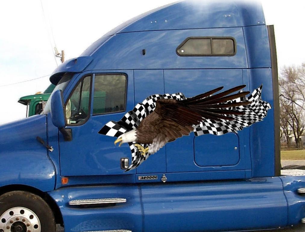 Checkered flag bald eagle decal on blue semi